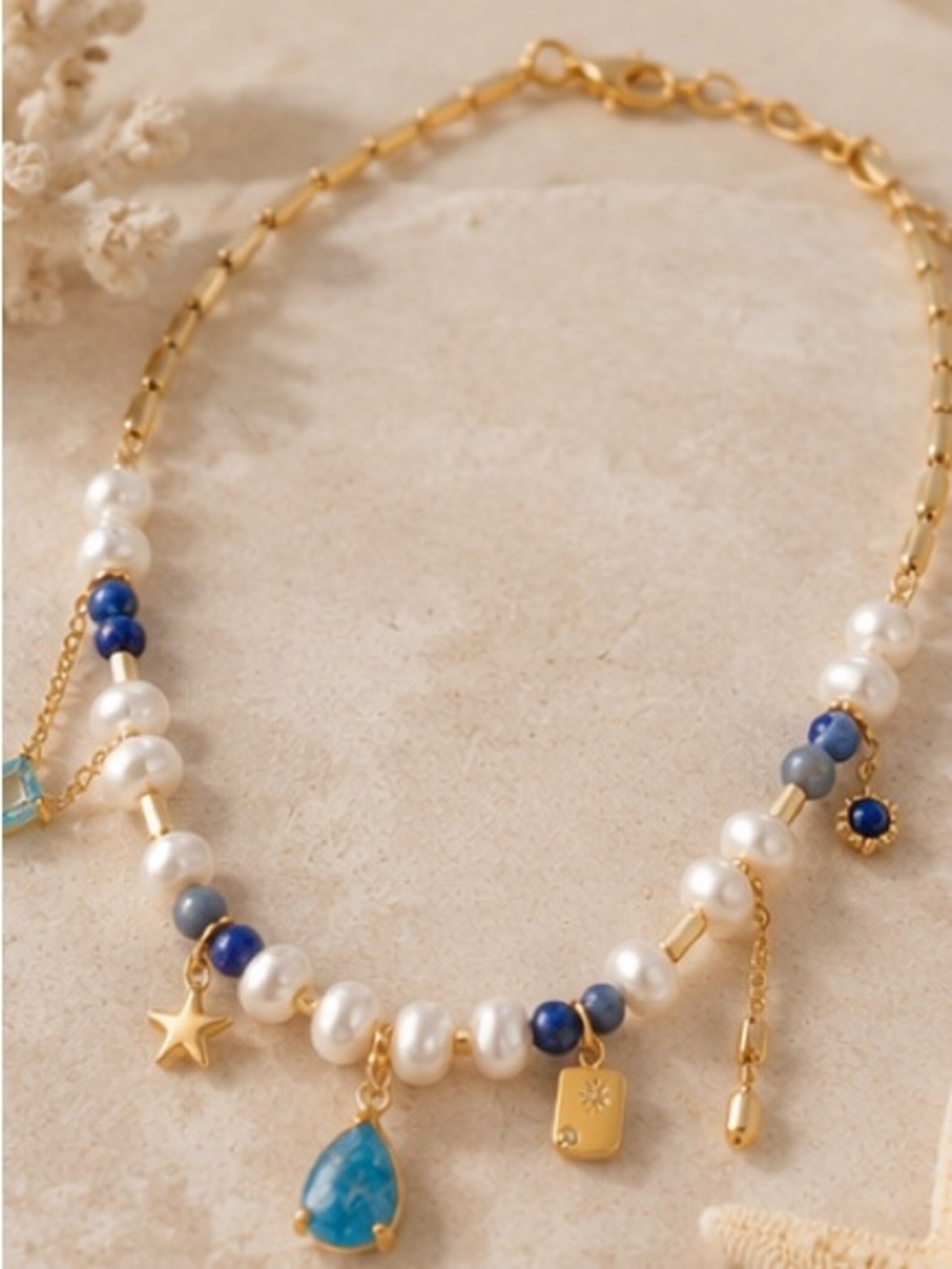 Coastal Pearl & Blue Charm Necklace Gold Tone